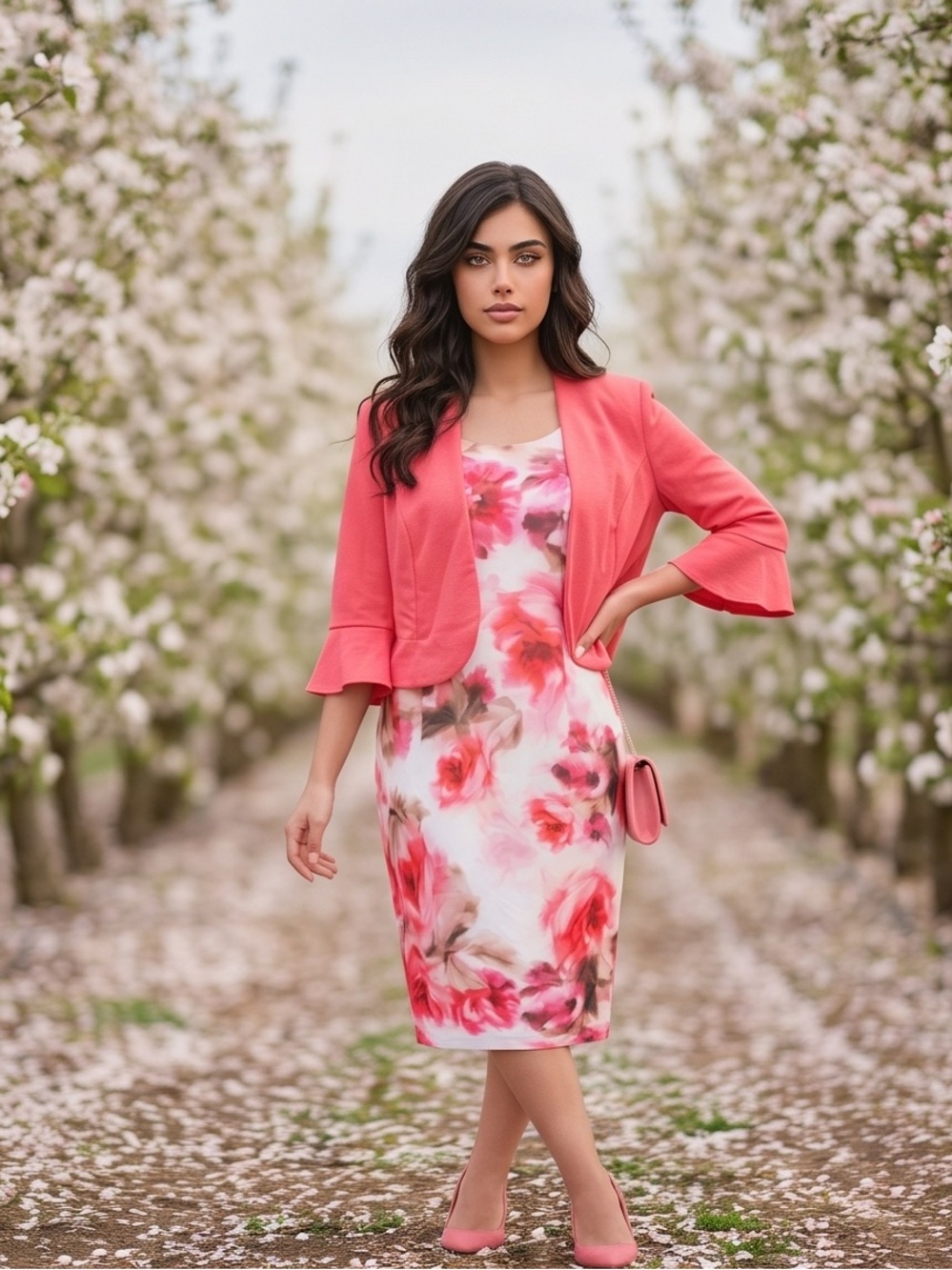 Pink Floral Pencil Dress with Coral Jacket